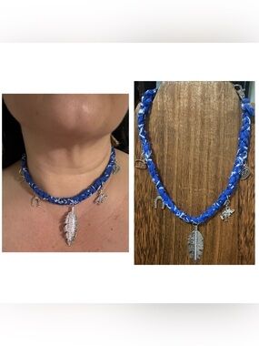 Handmade Blue and Silver Leaf Pendant Necklace with charms